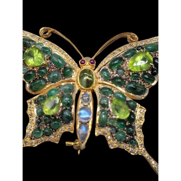 Diamond Emerald Peridot Gilded Brooch Pendant 585 Bail 24k Gold Plated Sterling - Picture 5 of 16